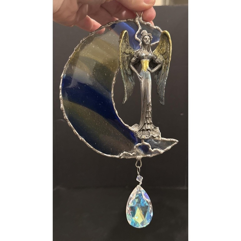 Celestial Crescent Stain Glass‎ Moon Pewter Angel Hanging Crystal Suncatcher